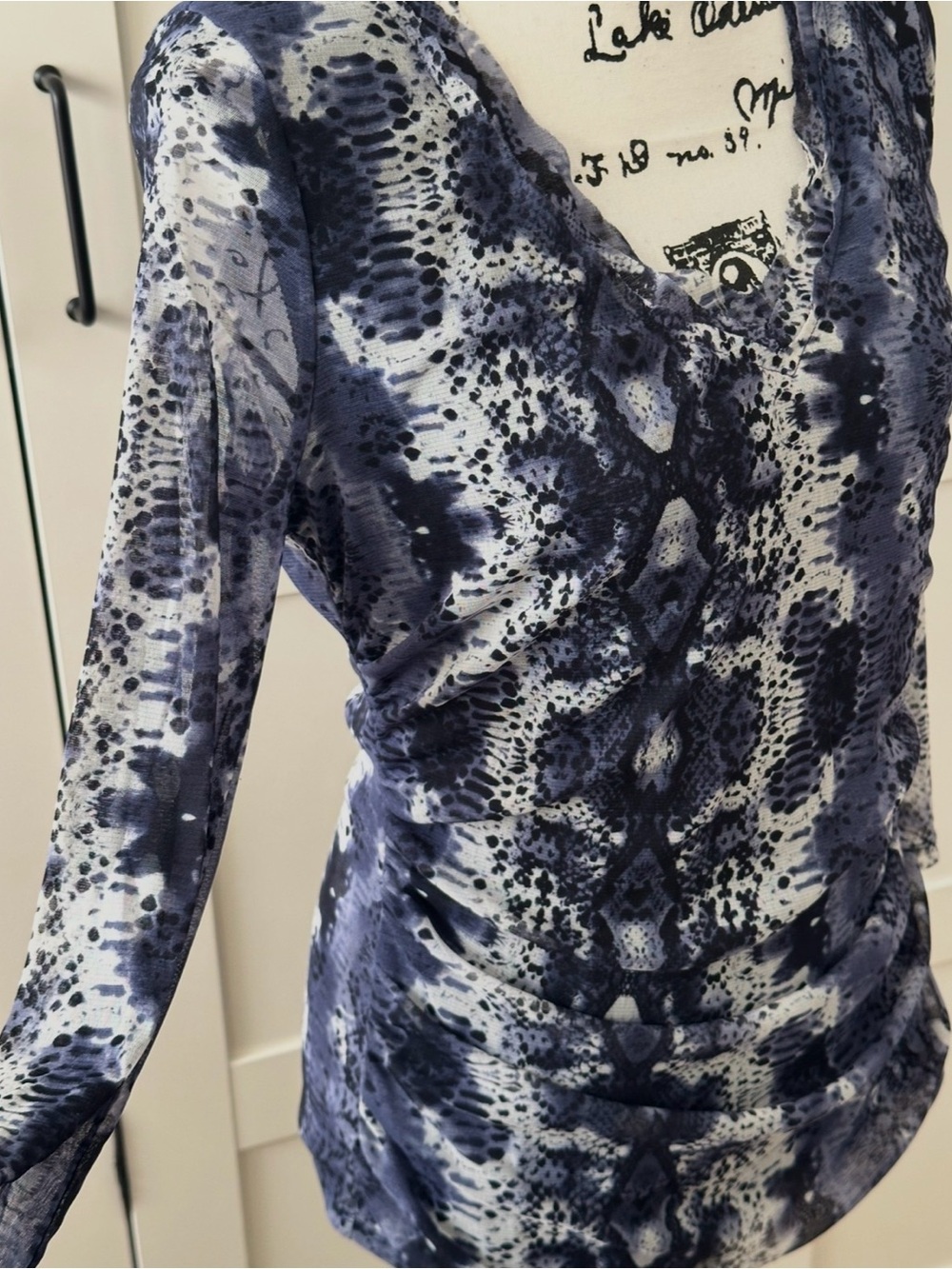 INC INavy & White Printed Long-Sleeve Top size Large. Some Sheerness.
